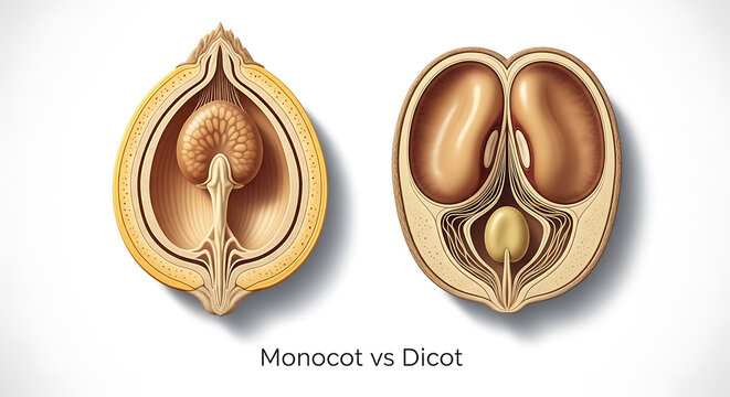 Detailed comparison of monocot and dicot seed structures in a botanical illustration