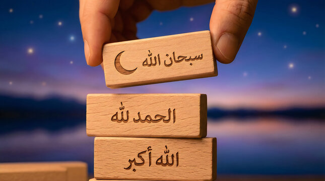 Hand stacking conceptual wooden blocks featuring Arabic calligraphy of Subhan Allah, Alhamdulillah, and Allahu Akbar against a beautiful warm sunset sky.