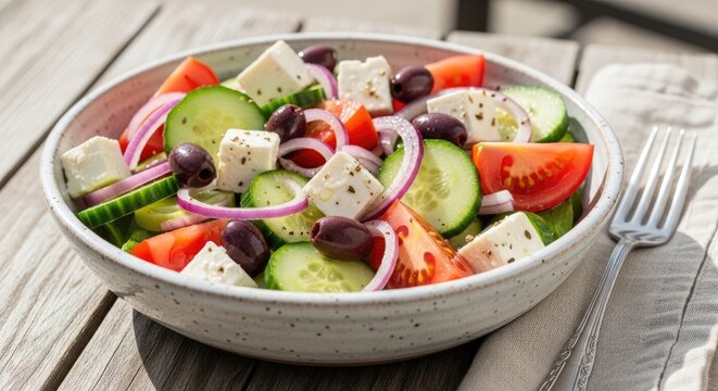 Delicious greek salad with feta cheese and vegetables