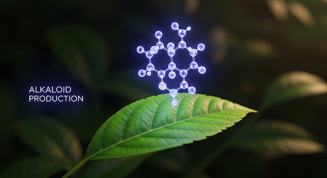 Green leaf with molecular structure of alkaloid compound on top in a natural setting