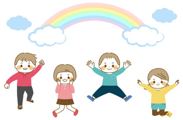 ジャンプする子どもたちと虹