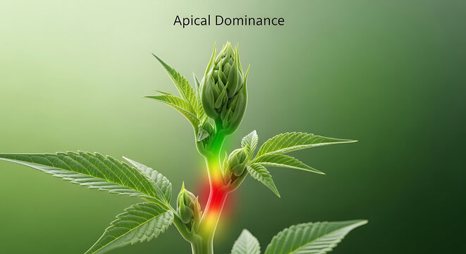 Green cannabis plant with leaves and bud illustrating apical dominance concept in botanical science