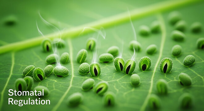 Green stomata on a leaf surface with water vapor release in a natural botanical process