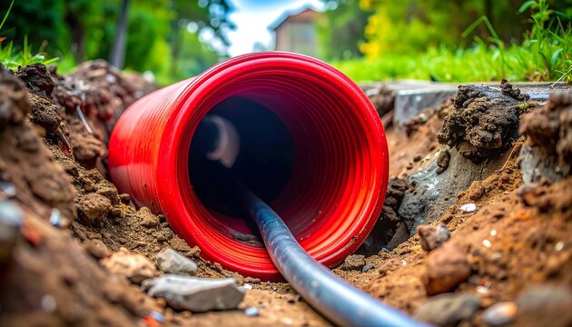 Bright red corrugated pipe emerges from a freshly dug dirt trench, with a gray cable trailing inside
