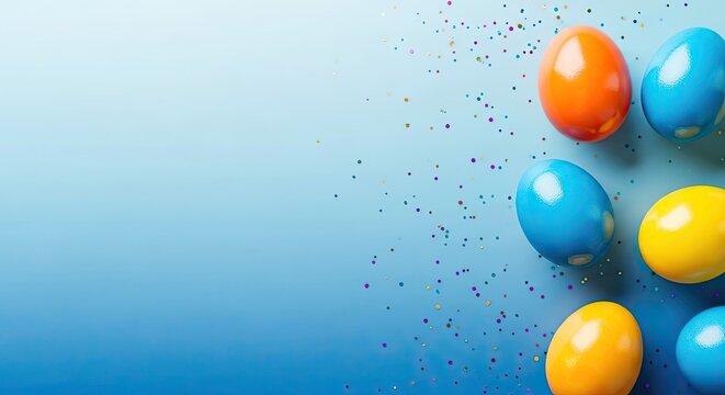 Vibrant easter eggs on gradient blue background celebrating spring and labor day