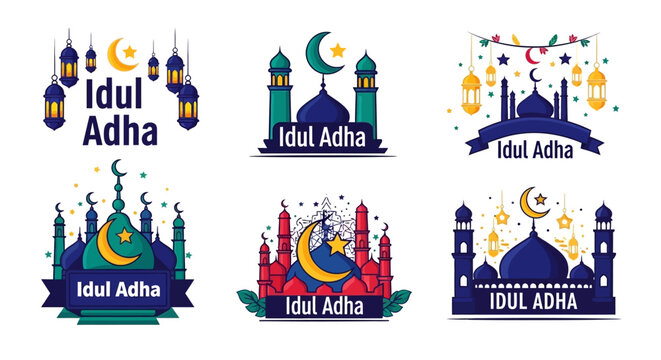 Idul Adha celebration design elements with mosque and lanterns