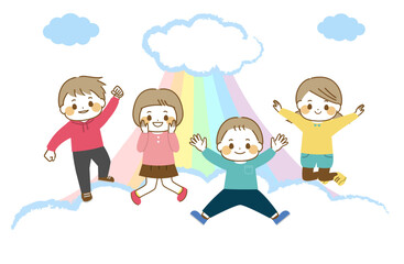 笑顔で楽しそうな子どもたちと虹