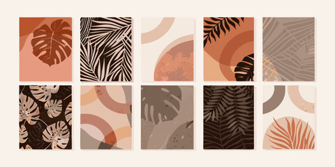 Obraz premium Abstract botanical wall art with warm earthy tones and geometric shapes