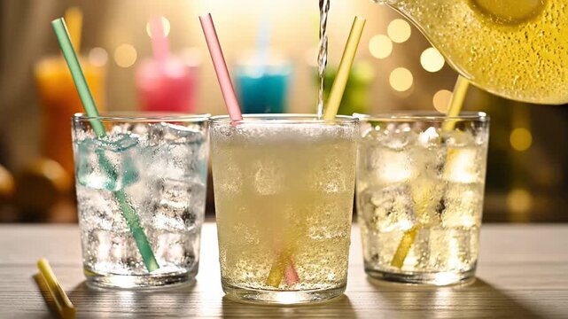 Colorful drinks being poured into glasses with ice and straws, showcasing a vibrant beverage preparation scene with blurred background lights and colorful drinks