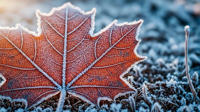Frozen Maple Leaf on Icy Ground.