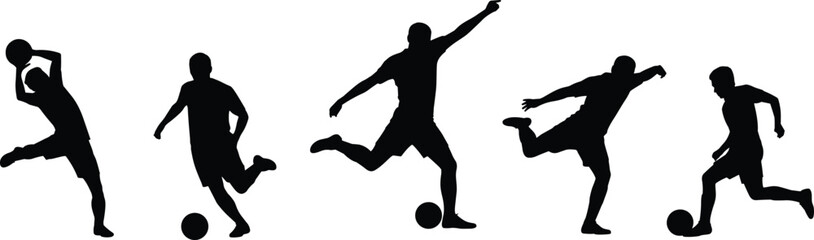 Black silhouette collection of professional male soccer players in dynamic action poses including kicking dribbling and goalkeeping for athletic performance and sports competition concepts.