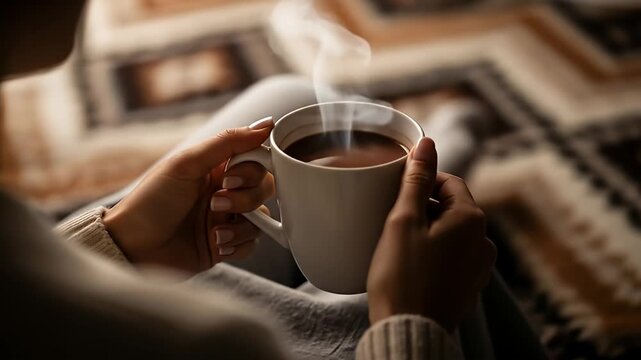 A person holding a steaming mug of hot beverage, cozy and warm.