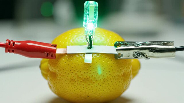 Yellow lemon connected with alligator clips and LED light, demonstrating electrical conductivity through fruit, captured in a close-up setting with visible components and tools