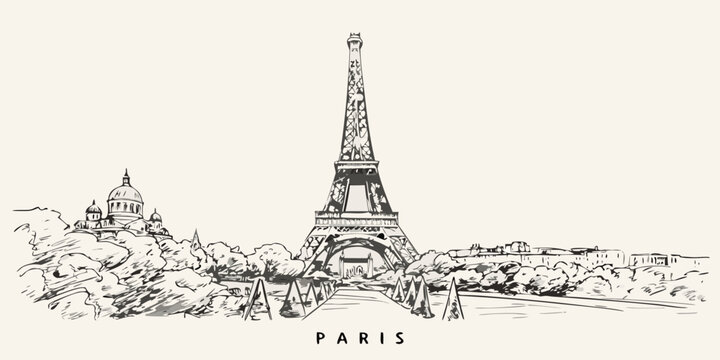 Sketch of the eiffel tower and paris cityscape in monochrome style