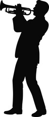 Black silhouette of a professional male musician in a suit playing the trumpet for jazz music performance live entertainment and artistic talent concepts. © Parimal