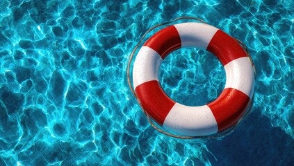 Naklejka premium Red and white lifebuoy floating on clear blue water surface.