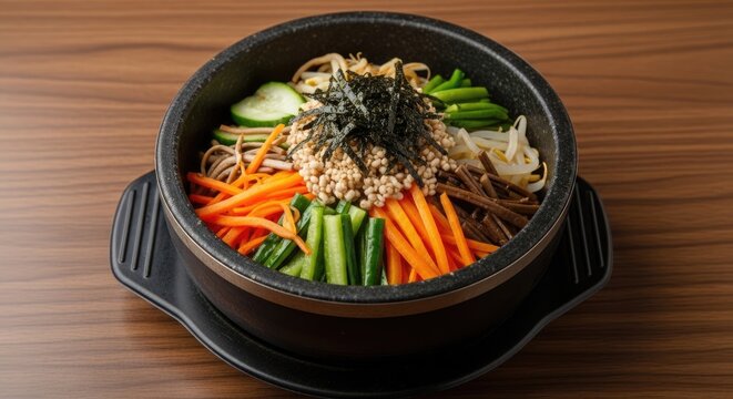 A traditional korean stone bowl dish with mixed vegetables and rice