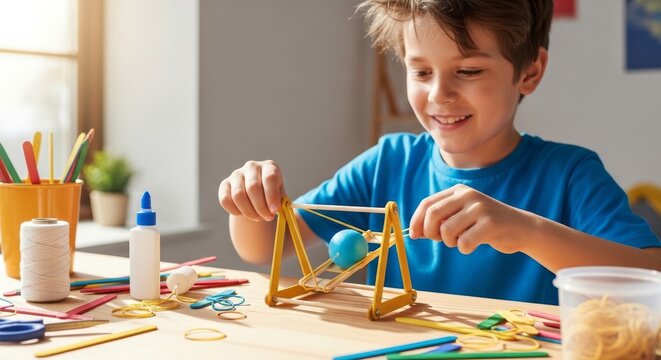 Boy building a simple catapult toy for science project