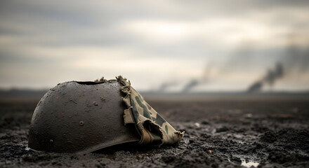 Obraz premium A desolate battlefield scene with a damaged helmet lying in the mud, smoke rising in the distance under a cloudy sky, symbolizing war and its aftermath