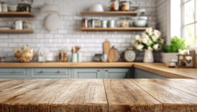 Cozy Rustic Kitchen Interior with Wooden Countertop and White Subway Tile Backsplash.