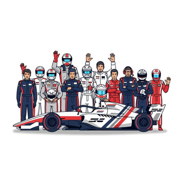 Formula 1 Racing Team Poses with Race Car