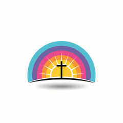 Minimalist silhouette of a cross against a bright sunrise and vibrant rainbow arch