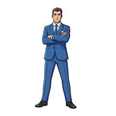 Obraz premium A confident businessman in a blue suit standing with his arms crossed, looking directly at the viewer