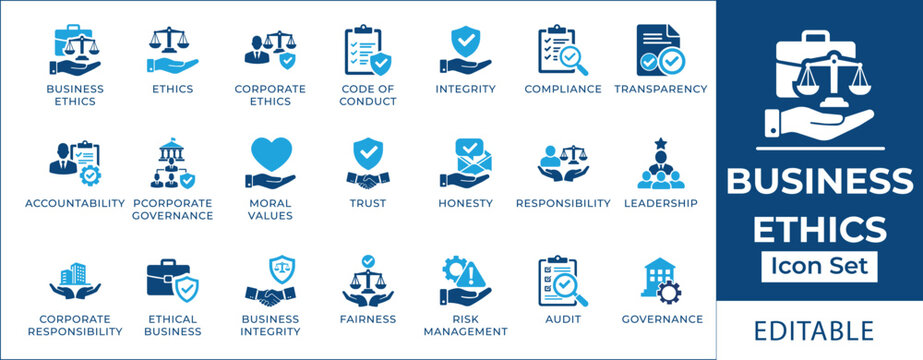 Business ethics icon set featuring corporate governance, compliance, moral values, transparency, accountability, code of conduct, trust, and ethical leadership symbols.