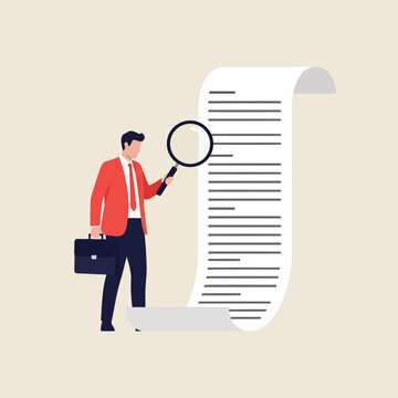 Businessman in a red jacket examining a long scroll document with a magnifying glass