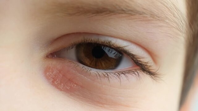 Red dry scaly patch of dermatitis under childs eye slow motion