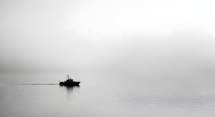 A solitary boat navigates through a vast expanse of calm water under a hazy, overcast sky creating a serene and minimalist seascape atmosphere