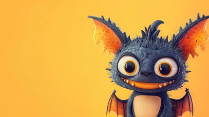 Fototapeta premium Cute furry smiling bat monster peeking on orange
