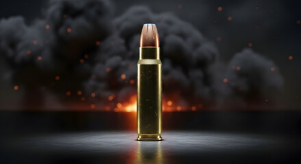 Obraz premium A single rifle bullet stands prominently against a backdrop of dark smoke and fiery explosions symbolizing conflict and warfare
