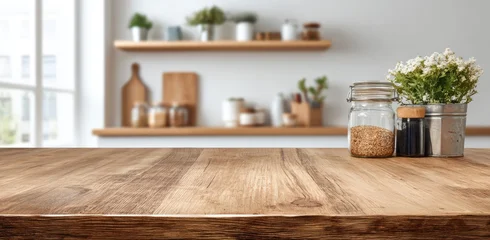 Rustic wooden kitchen counter with jars and plants in the background. © Yudi