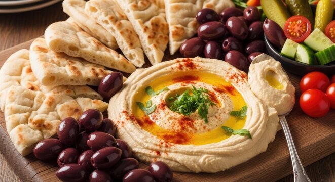 Delicious hummus platter with pita bread and vegetables