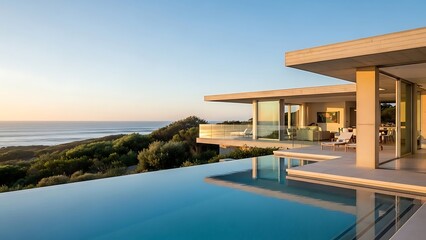 Fototapeta premium Modern Luxury Cliffside Villa with Infinity Pool Overlooking Ocean at Sunset