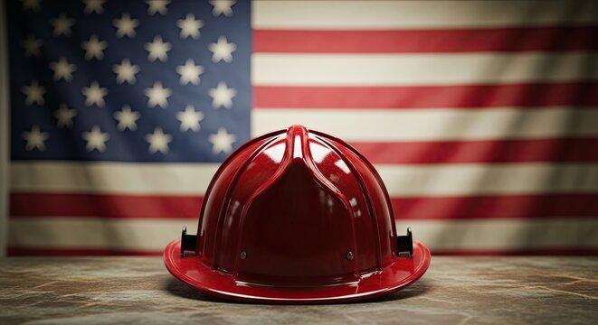 Labor day tribute firefighter helmet in front of american flag
