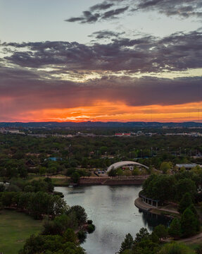 Aerial Panoramic View Mueller Lake Park at Sunset with Dramatic SkyAerial Panoramic View Mueller Lake Park at Sunset with Dramatic Sky