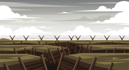 Fototapeta premium Trench warfare landscape with barbed wire and a cloudy sky, illustrating a historical conflict scene