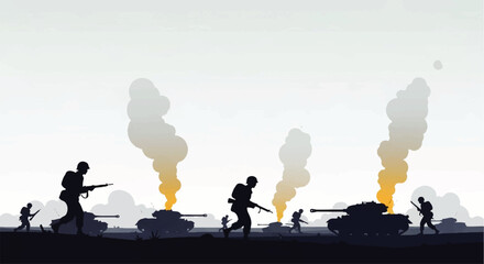 Naklejka premium Illustration depicting a war scene with soldiers and tanks amidst smoke and explosions