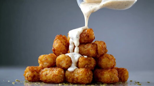 Crispy loaded tater tots with creamy sauce.