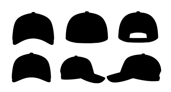 Black baseball cap mockup vector set with front back and side views isolated on white EPS 10