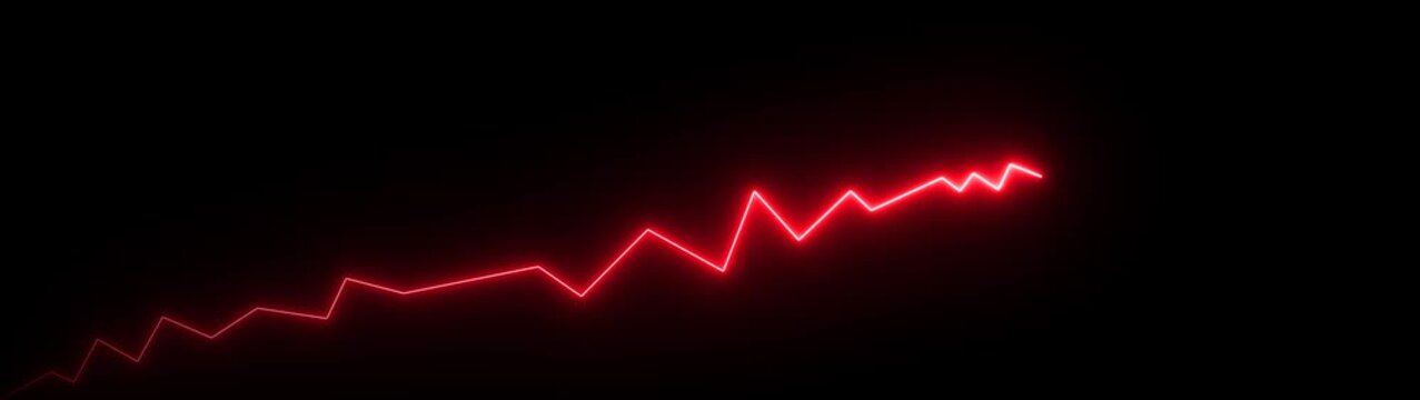 neon glowing zigzag line with upward arrow on black background, representing growth trend, progress, and rising performance. Motion graphics of neon business graph line concept