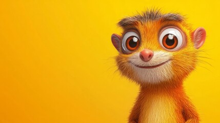 Fototapeta premium Cute 3d cartoon meerkat smiling on yellow background