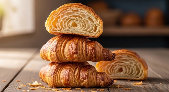 Stacked croissants on a wooden table
