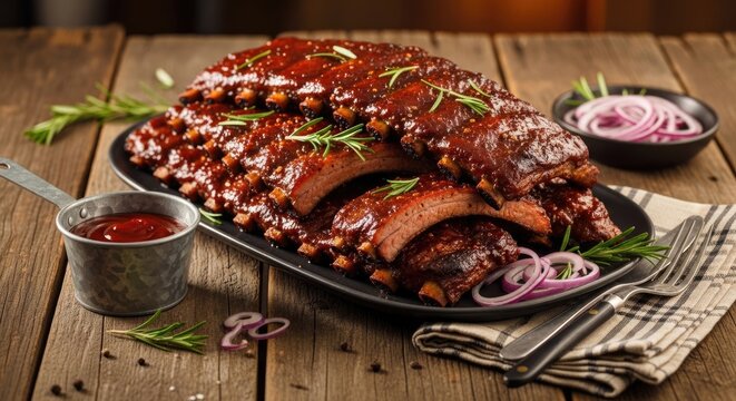 Delicious bbq ribs on a wooden table with sauce and onions