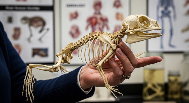 Human Hand Holds Frog Skeleton Model for Study