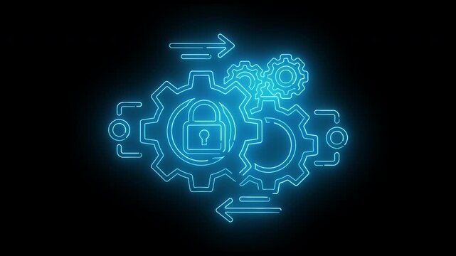Neon blue glowing padlock icon surrounded by interlocking gears and arrows on a black background with a futuristic and technological feel.