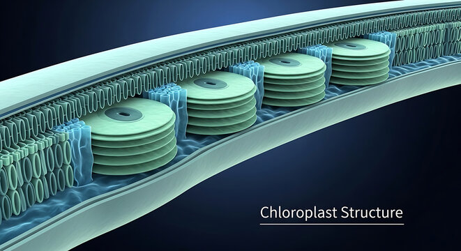 Detailed crosssection illustration of chloroplast structure with stacked thylakoids and stroma