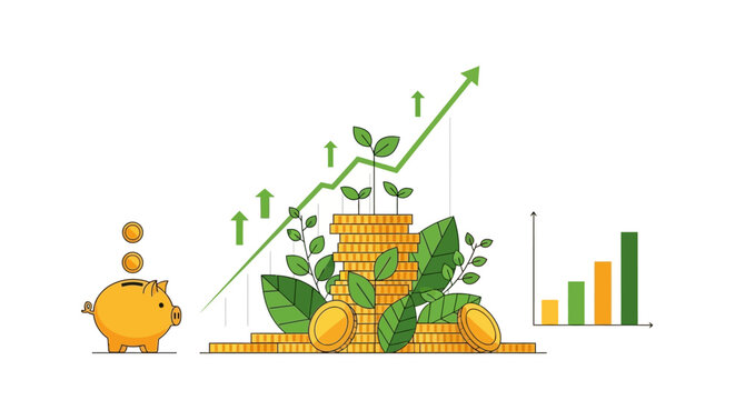 Financial growth concept: Piggy bank, coins, plants, rising graph, and bar chart on white background